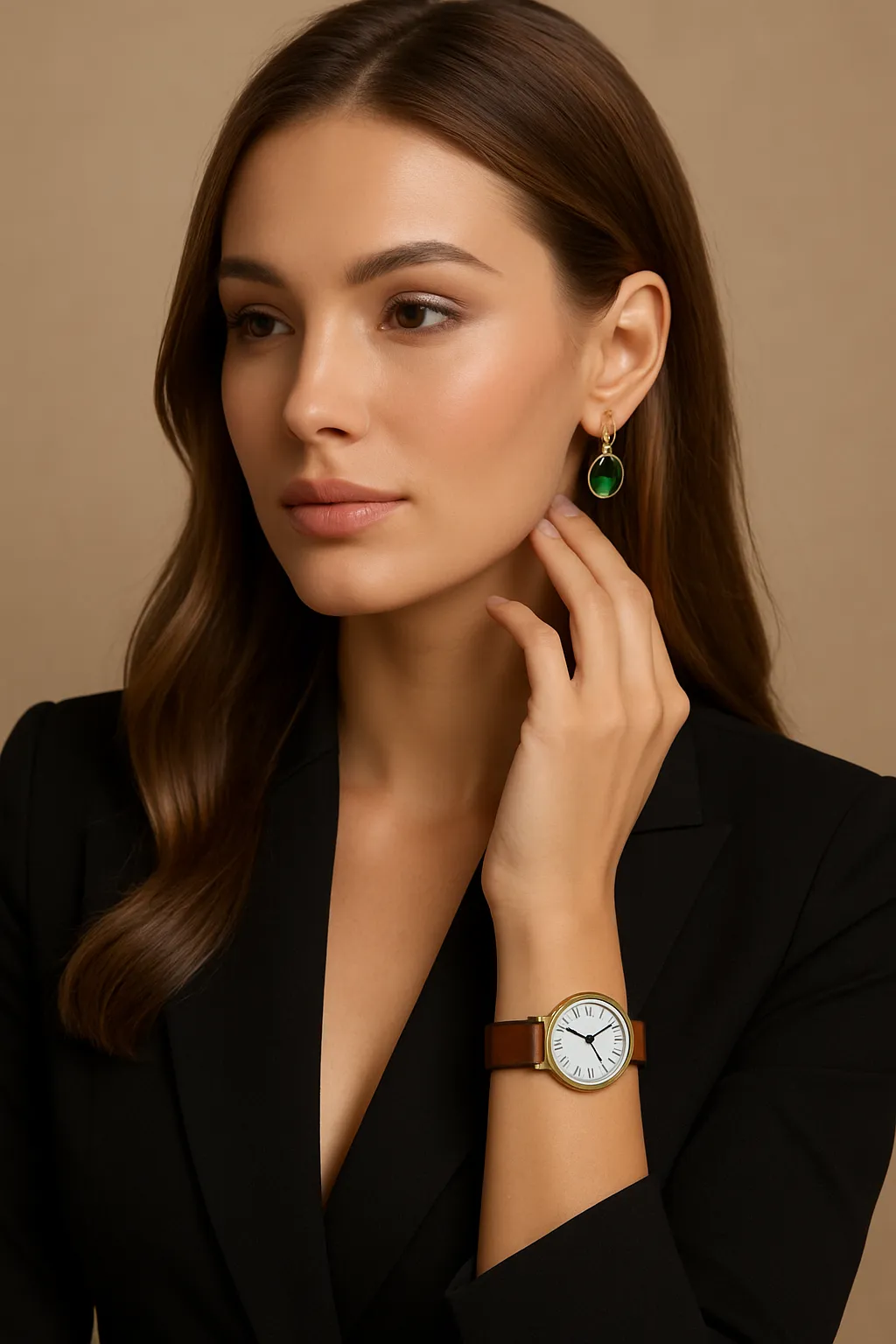 Eine Frau mit  Damenuhren mit Lederarmband